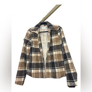 Neutral brown toned plaid sherpa jacket
